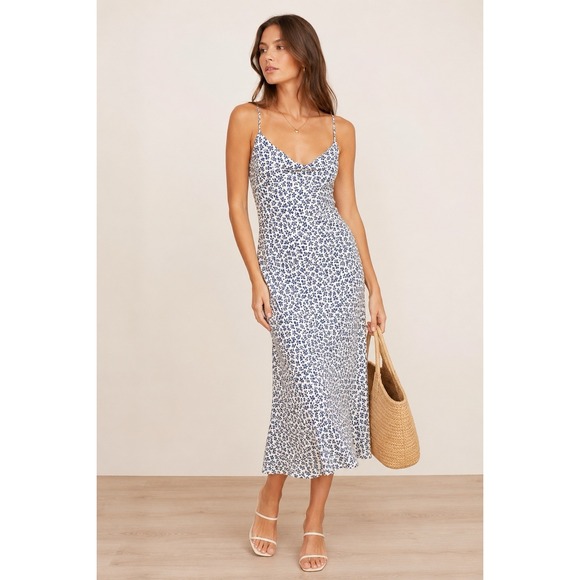 Reformation Dresses & Skirts - Reformation Boston Midi Dress Size 6 Blue White Floral Slip Cowl Neck Romantic